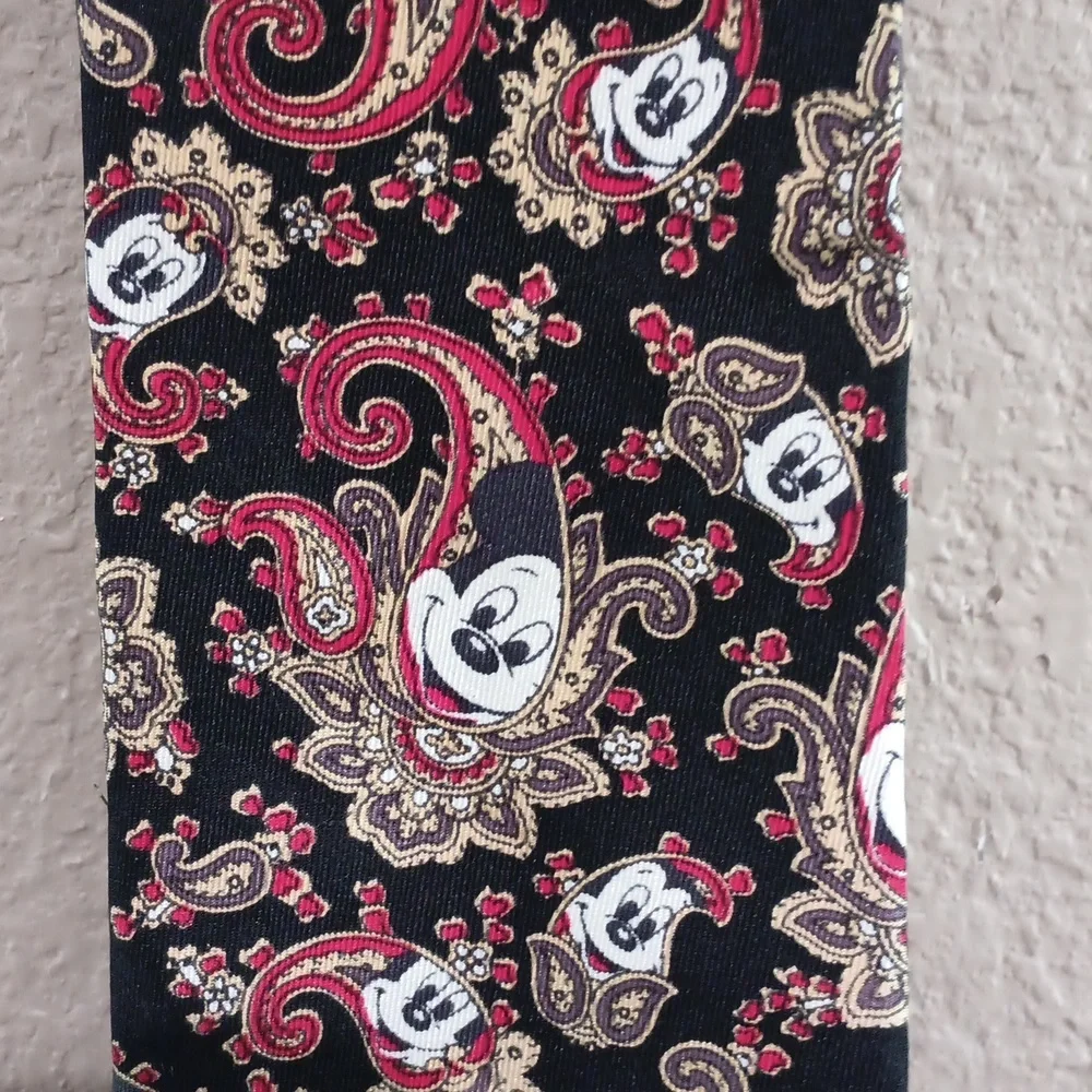 Black Mickey Mouse Pattern Tie with Red and Gold Accents - Men Accessories
